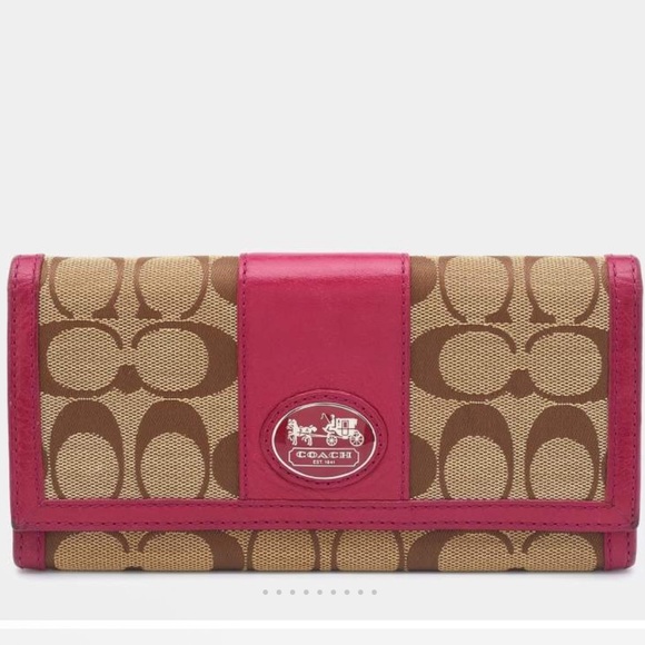 Coach Beige/Pink Signature Canvas and Leather Flap Continental Wallet - Picture 1 of 13